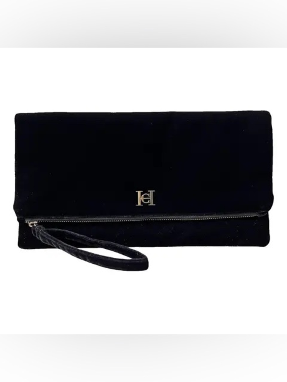 Carolina Herrera Black Velvet Wristlet Clutch with Metal Logo